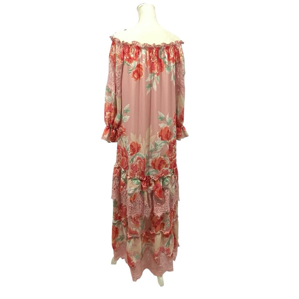 Champagne & Strawberry Maxi Dress Small Off Shoulder Pink Floral Chiffon Peasant - Picture 5 of 16